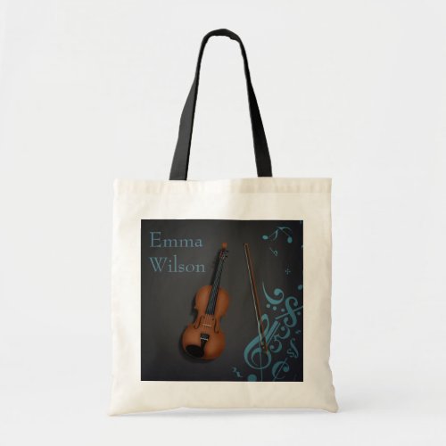 Custom Name or Message violin on Black  Turquoise Tote Bag
