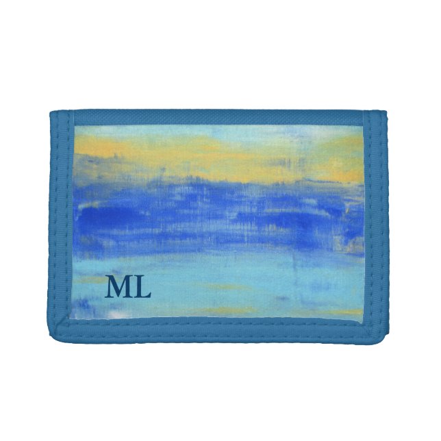 Custom Name or Monogram - Beach Blue Abstract Art Trifold Wallet (Front)