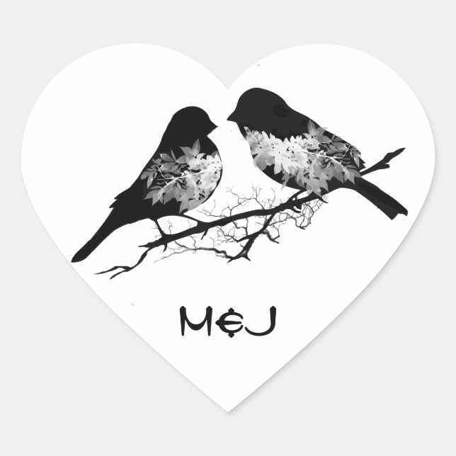 Custom Name or Monogram Love Birds Heart Sticker (Front)