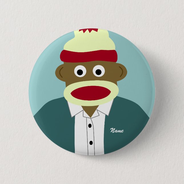 Custom Name or Monogram Sock Monkey Boy Pinback Button (Front)