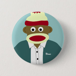 Custom Name or Monogram Sock Monkey Boy Pinback Button
