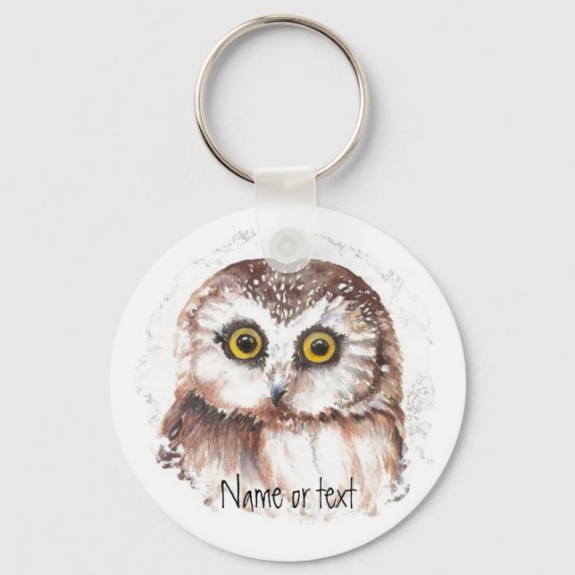 Custom Name or text, Cute Little Owl,Bird Keychain (Front)
