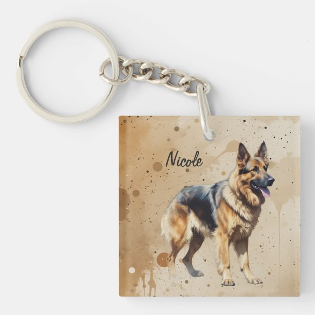 Custom Name or Text German Shepherd dog pet Keychain (Front)