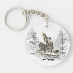 Custom Name or Text Wolf Friends Howling  Keychain