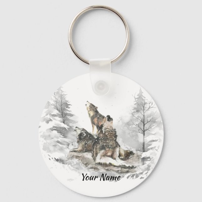 Custom Name or Text Wolf Friends Howling  Keychain (Front)