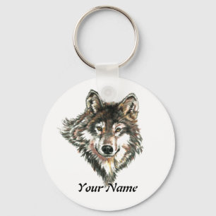 Custom Name or Text Wolf Logo watercolor Animal Keychain