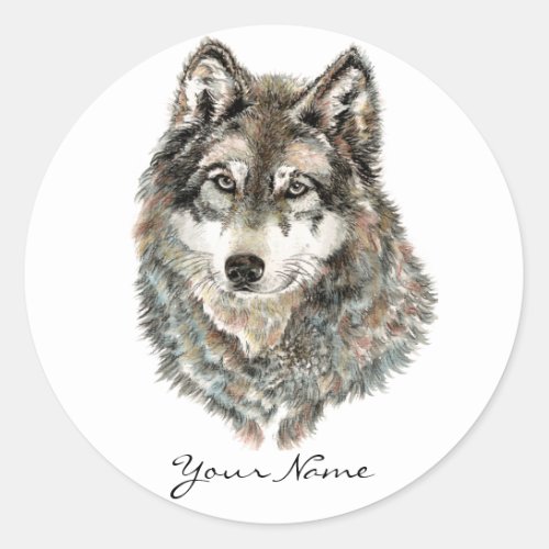 Custom Name or Text Wolf watercolor Animal Classic Round Sticker