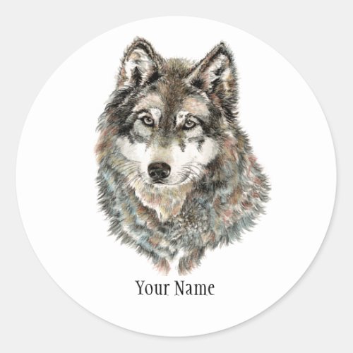 Custom Name or Text Wolf watercolor Animal Classic Round Sticker