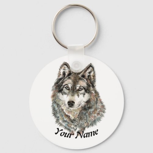 Custom Name or Text Wolf watercolor Animal Keychain