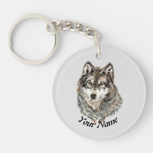 Custom Name or Text Wolf watercolor Animal Keychain
