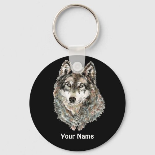 Custom Name or Text Wolf watercolor Animal Keychain