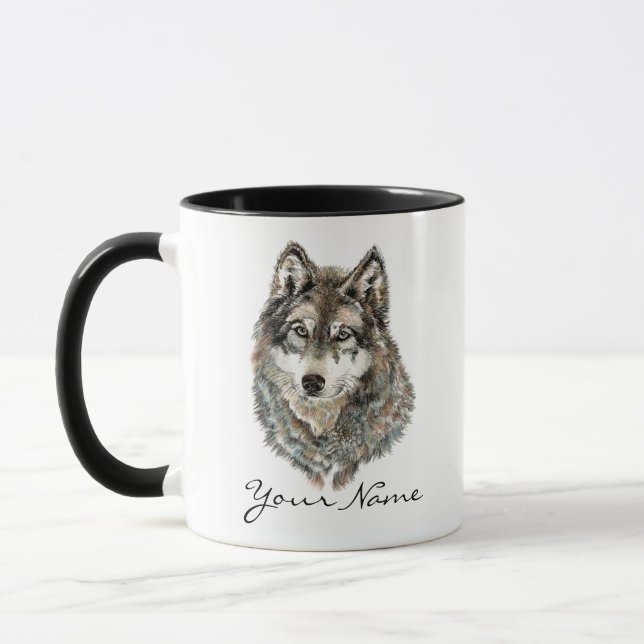 Custom Name or Text Wolf watercolor Animal Mug (Left)