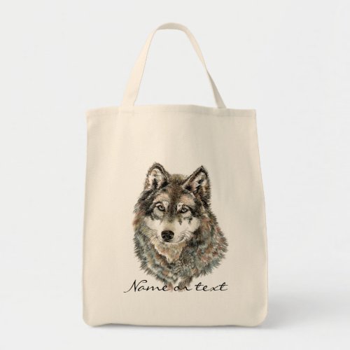 Custom Name or Text Wolf watercolor Animal Tote Bag