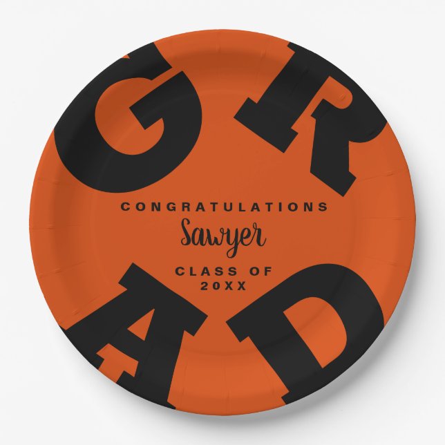 Custom Name Orange and Black Graduation Paper Plates (Front)