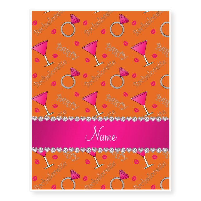 Custom name orange bachelorette cocktails rings temporary tattoos (Front)