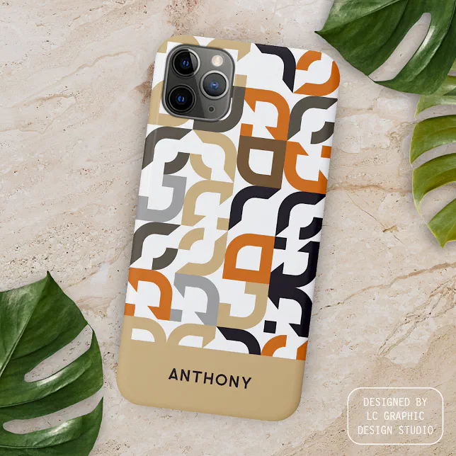Custom R Design Custom Name Orange Brown Midcentury Art Pattern Iphone Case | Zazzle