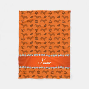 Custom name orange dachshunds hearts paws fleece blanket