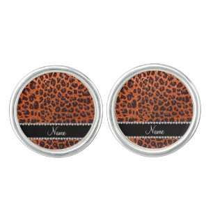 Custom name orange glitter leopard print cufflinks