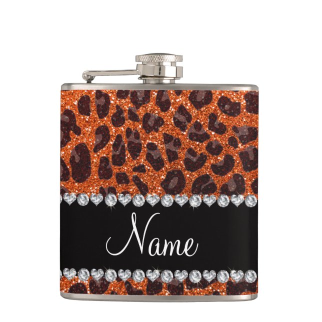 Custom name orange glitter leopard print hip flask (Front)