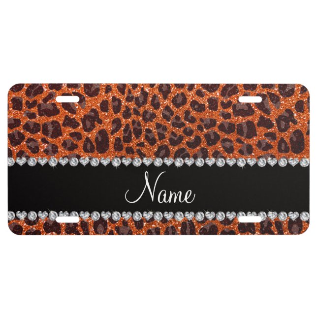 Custom name orange glitter leopard print license plate (Front)
