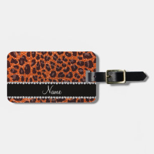 Custom name orange glitter leopard print luggage tag