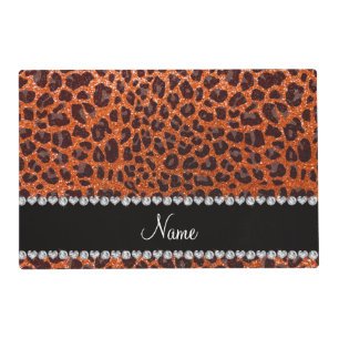 Custom name orange glitter leopard print placemat