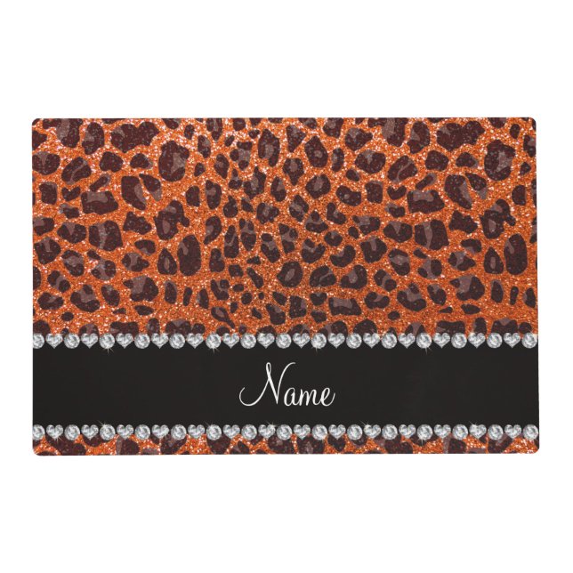Custom name orange glitter leopard print placemat (Front)