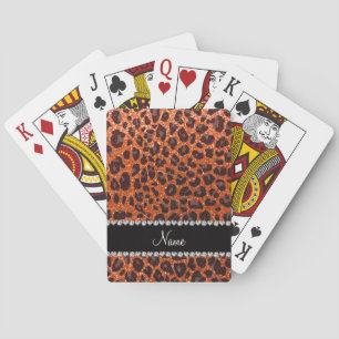 Custom name orange glitter leopard print poker cards