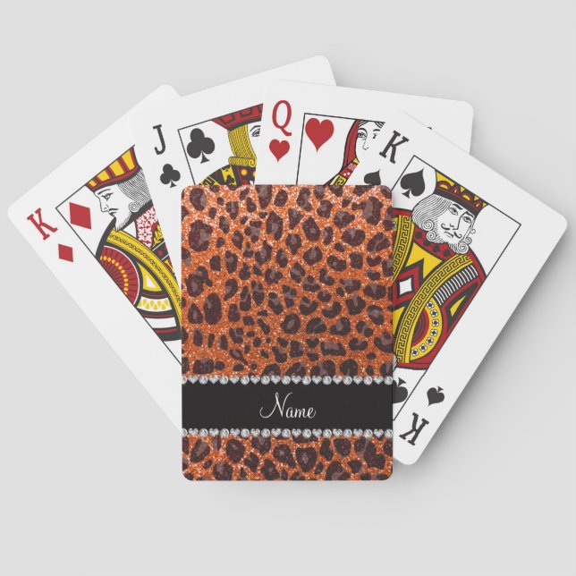 Custom name orange glitter leopard print poker cards (Back)