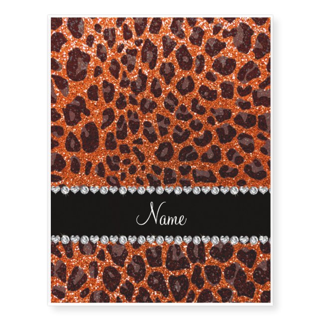 Custom name orange glitter leopard print temporary tattoos (Front)