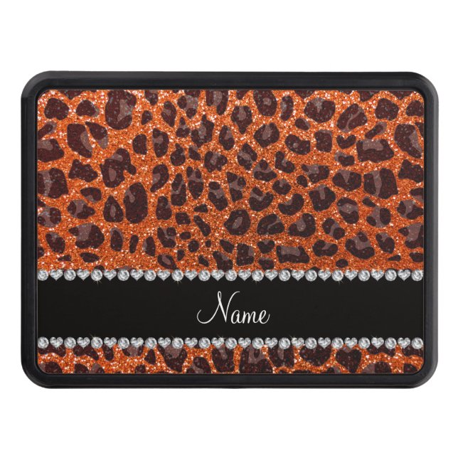 Custom name orange glitter leopard print trailer hitch cover (Front)
