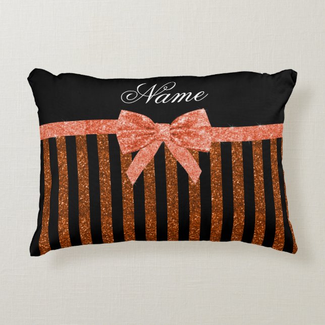 Custom name orange glitter stripes bows decorative pillow (Front)