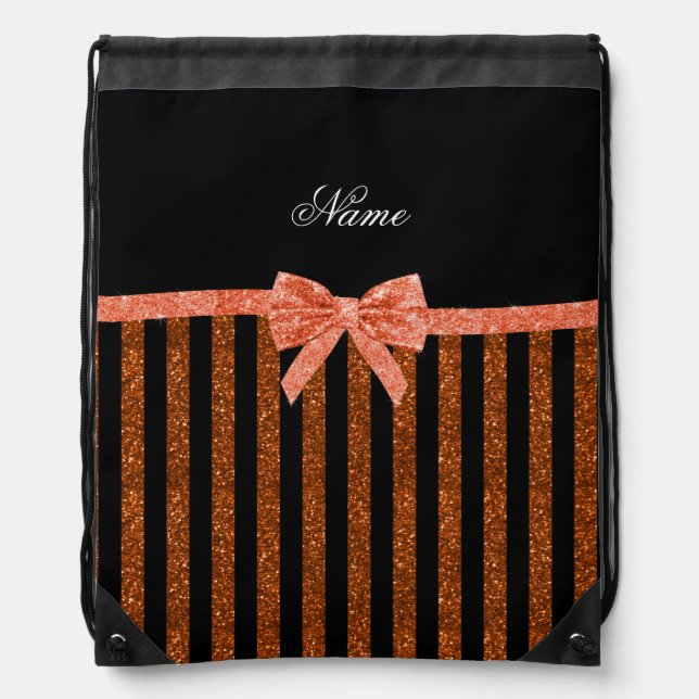 Custom name orange glitter stripes bows drawstring bag (Front)