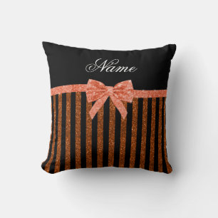 Custom name orange glitter stripes bows throw pillow