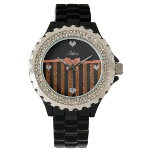 Custom name orange glitter stripes bows watch