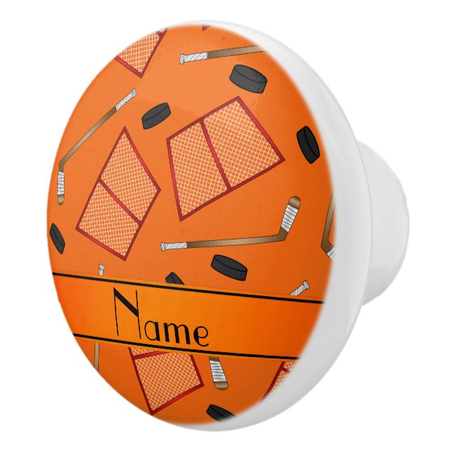 Custom name orange hockey sticks pucks nets ceramic knob (Right)