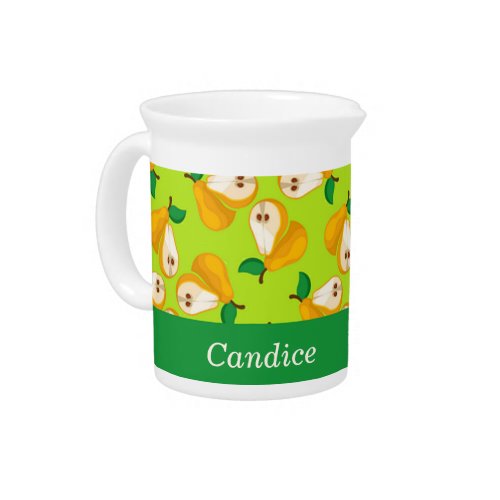 Custom name orange pears on green beverage pitcher