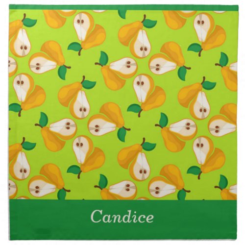 Custom name orange pears on green cloth napkin