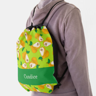 Custom name orange pears on green drawstring bag