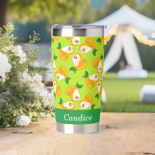 Custom name orange pears on green insulated tumbler