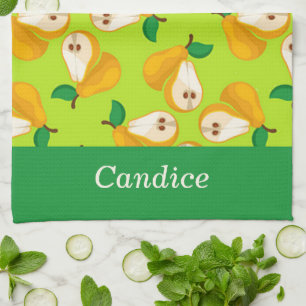 Custom name orange pears on green kitchen towel