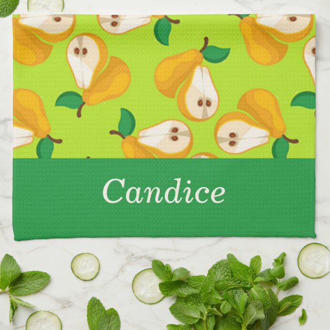 Custom name orange pears on green kitchen towel (Folded)