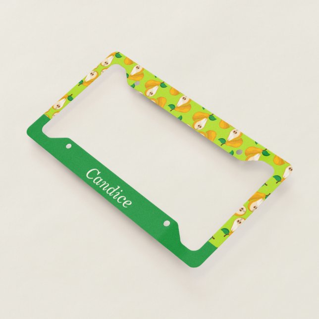 Custom name orange pears on green license plate frame (3/4)
