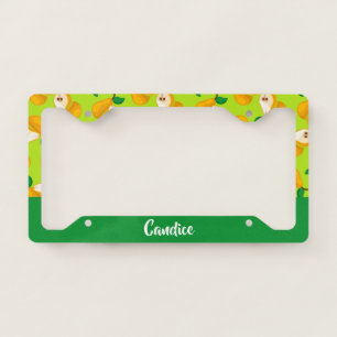Custom name orange pears on green license plate frame
