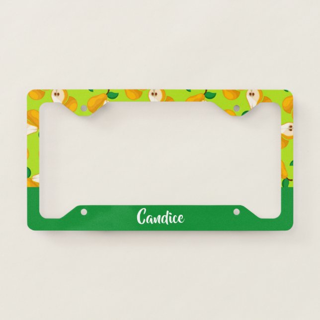 Custom name orange pears on green license plate frame (Front)