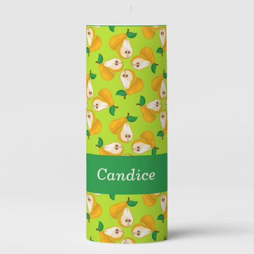 Custom name orange pears on green pillar candle