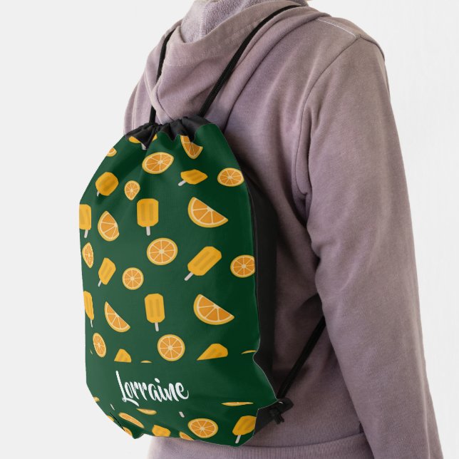 Custom name orange slices and ice cream green drawstring bag (Insitu)