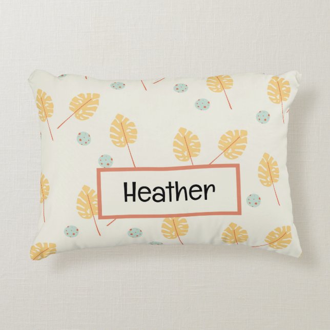 Custom name orange tropical leaves cream accent pillow (Front)