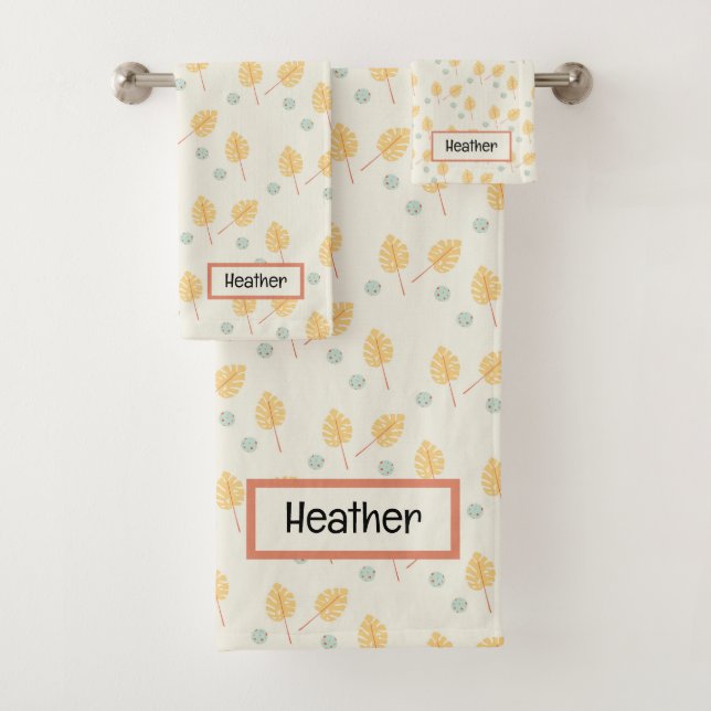 Custom name orange tropical leaves cream bath towel set (Insitu)