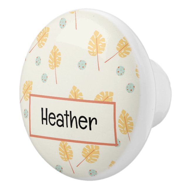 Custom name orange tropical leaves cream ceramic knob (Right)